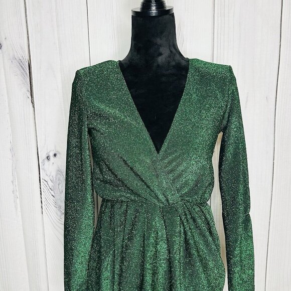 NWT Flounce Club London Jersey Wrap Front Mini Dress Sparkle Green Sz US 6 UK 10 - Picture 2 of 11